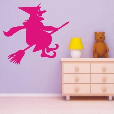 Cheerful pink witch sticker, perfect for a colorful children\'s room.