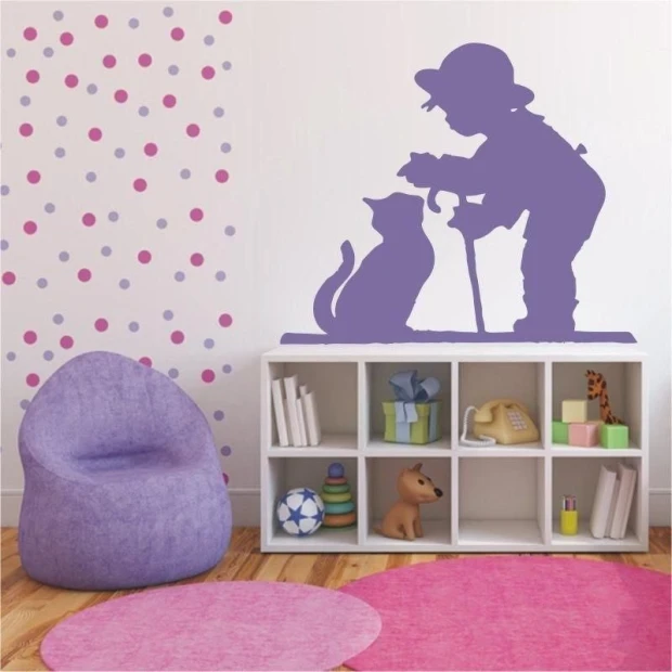 Charming sticker of a boy with a cat in a pastel nursery, perfect for creating a cozy atmosphere.