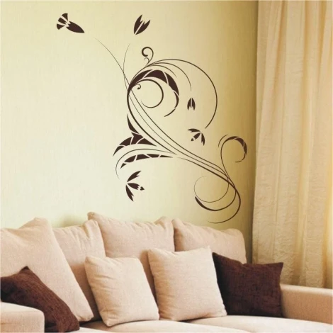 Elegant floral painting template in shades of brown, integrated into a cozy living room with light tones.