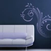 Elegant floral painting template 0799, adding subtle charm to a modern dark blue living room.