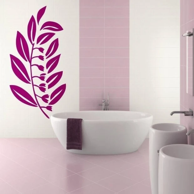 Stylish decoration in a pastel bathroom featuring an elegant leaf painting pattern in vibrant colors.