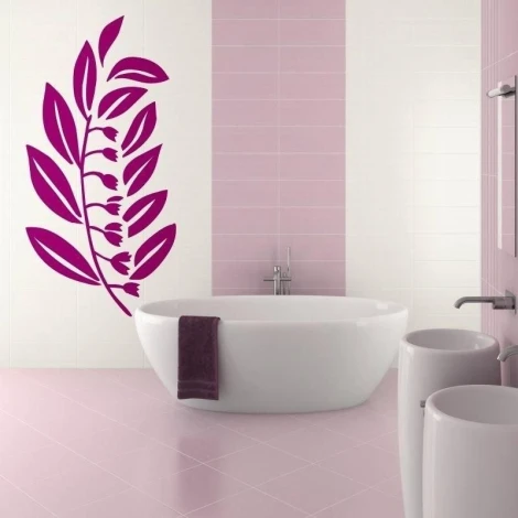 Stylish decoration in a pastel bathroom featuring an elegant leaf painting pattern in vibrant colors.