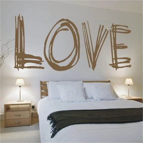 Stylish love sticker in a warm brown shade, perfect for a cozy bedroom, adding a romantic touch.