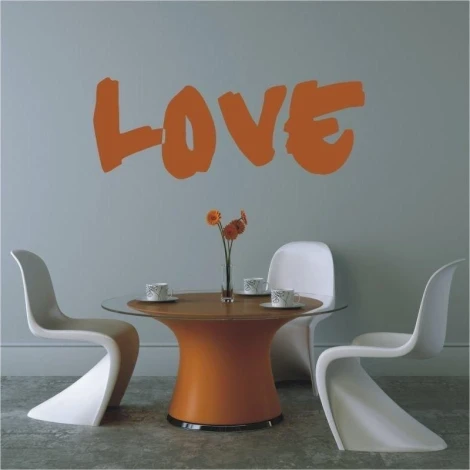 Stylish love sticker in a warm orange hue, perfect for a modern minimalist dining room.
