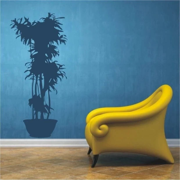 Stylish potted plant sticker in a modern living room, perfect for brightening up a blue wall.