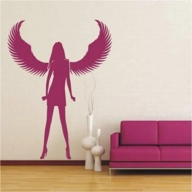 Modern interior with a pink painting template featuring a female angel, perfect for any space.