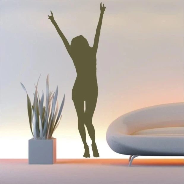 Stylish sticker of a dancing woman in a modern living room, adding energy and joy to any space.