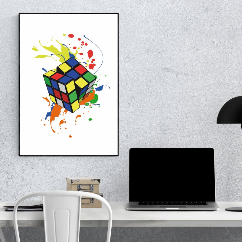 Poster illustrating a Rubik's Cube on a white background
