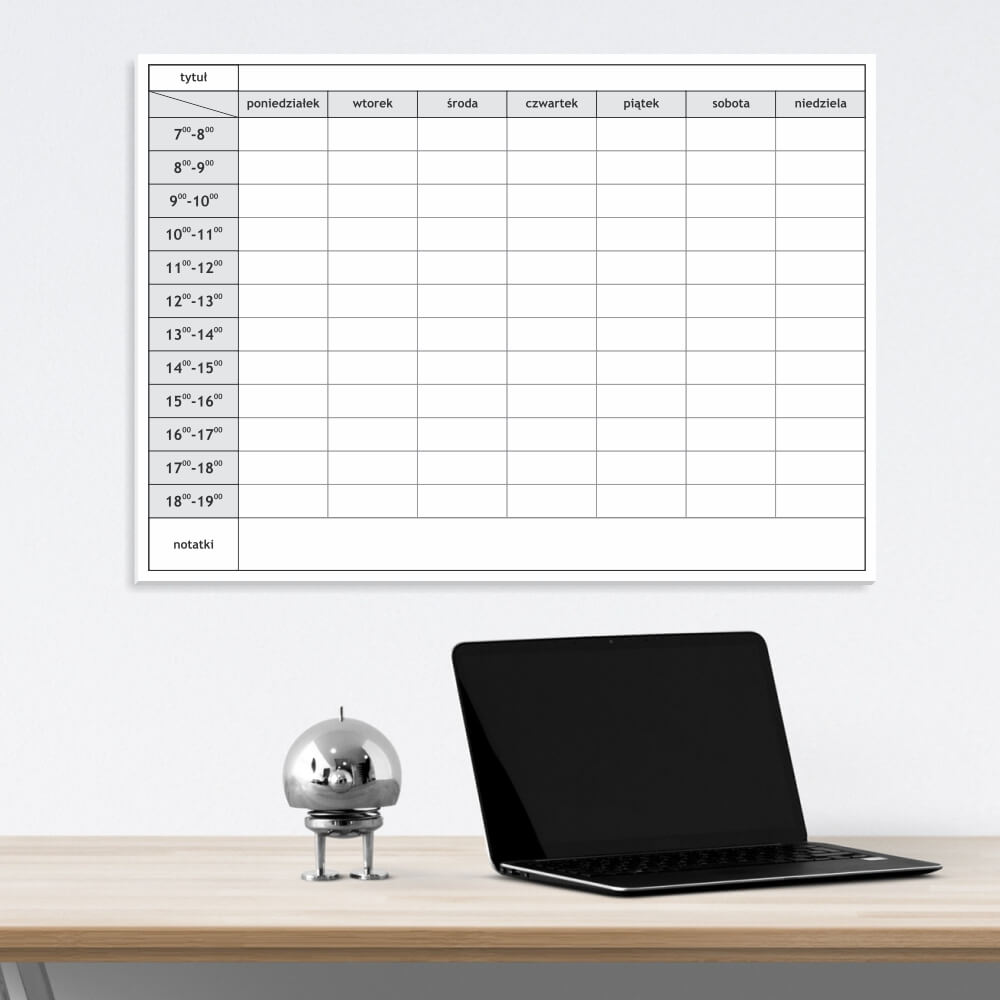 Dry-erase magnetic board with a weekly plan print