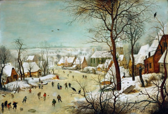 Reproduction winterlandscape with skaters and bird trap, pieter bruegel