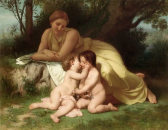 Reproduction Young Woman Contemplating Two Embracing Children, William-Adolphe Bouguereau