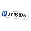 Parking sign with license plate number, parking space