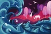 Wallpaper Abstract Landscape With Deers Amid The Waves 0210