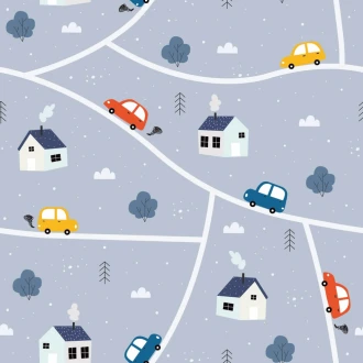 Wallpaper For Children Village, Roads, Cars, Houses, Trees 0408