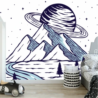 Mountains Boy'S Room Wallpaper With The Planet In The Background 0406