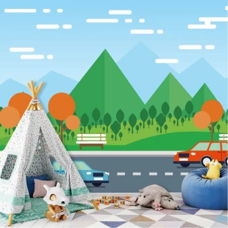 Boy\'S Room Wallpaper Mountain Landscape With Cars 0414