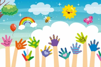 Wallpaper For A Child\'S Room Colorful Hands, Rainbow, Clouds, Sun 0423