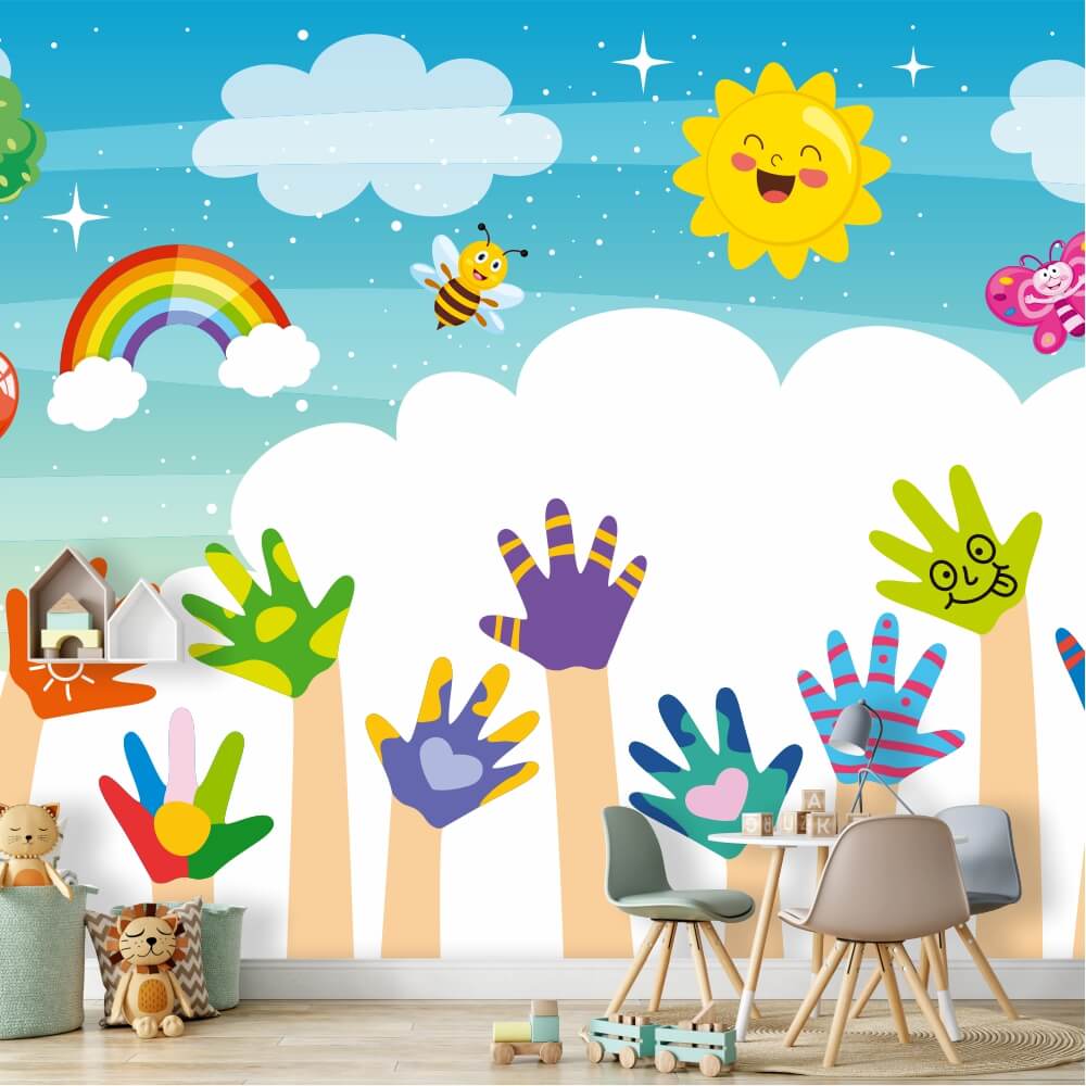 Wallpaper For A Child'S Room Colorful Hands, Rainbow, Clouds, Sun 0423 -  Wallyboards online store