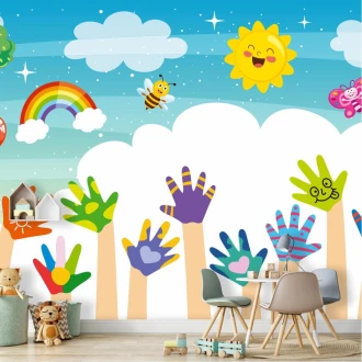Wallpaper For A Child\'S Room Colorful Hands, Rainbow, Clouds, Sun 0423