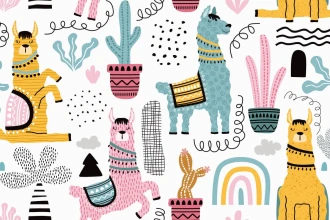 Wallpaper For A Child\'S Room Colorful Llamas, Cacti 0461