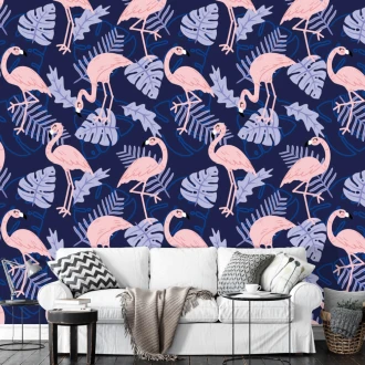 Pink Flamingos, Leaves Wallpaper 0146