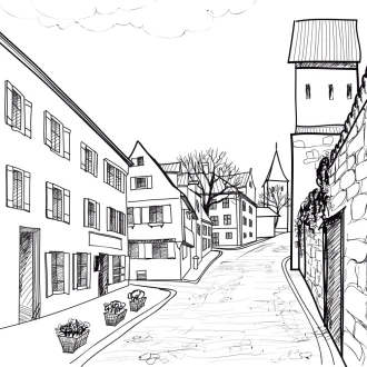 Wallpaper Charming Street In A Small Town, Illustration 0434