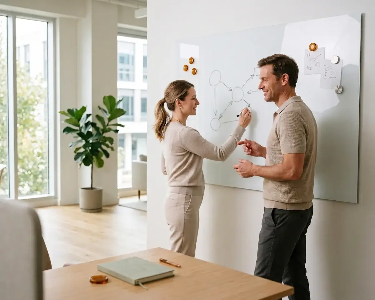Custom size magnetic dry erase board in a bright office, with an amber magnet