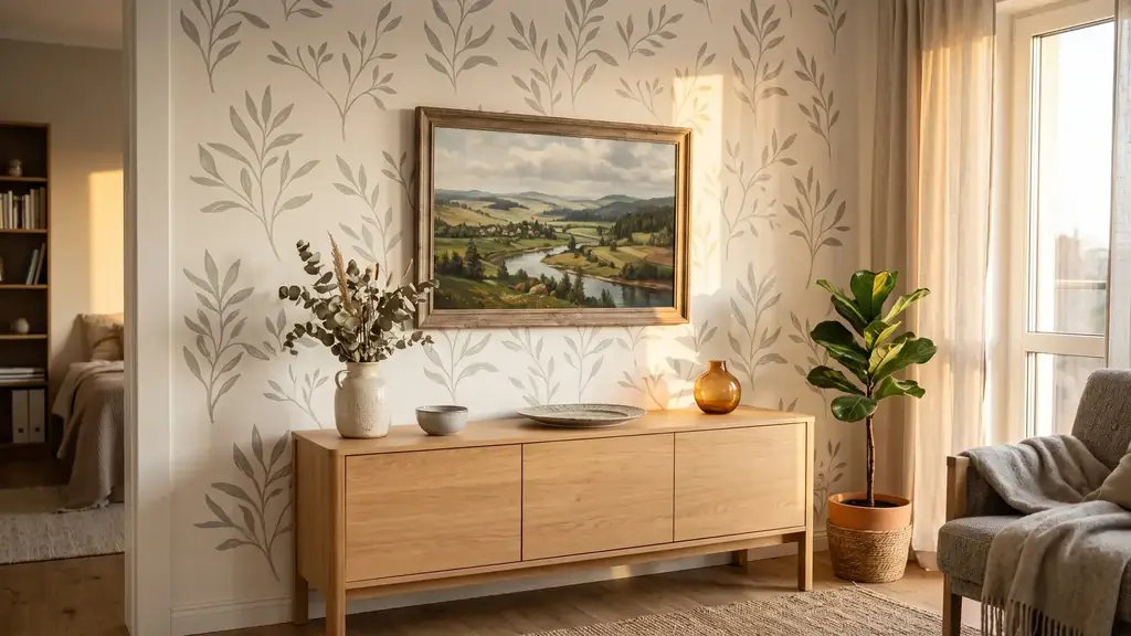 Living room with a leaf pattern painted using a wall stencil, and a framed landscape print above a wooden sideboard