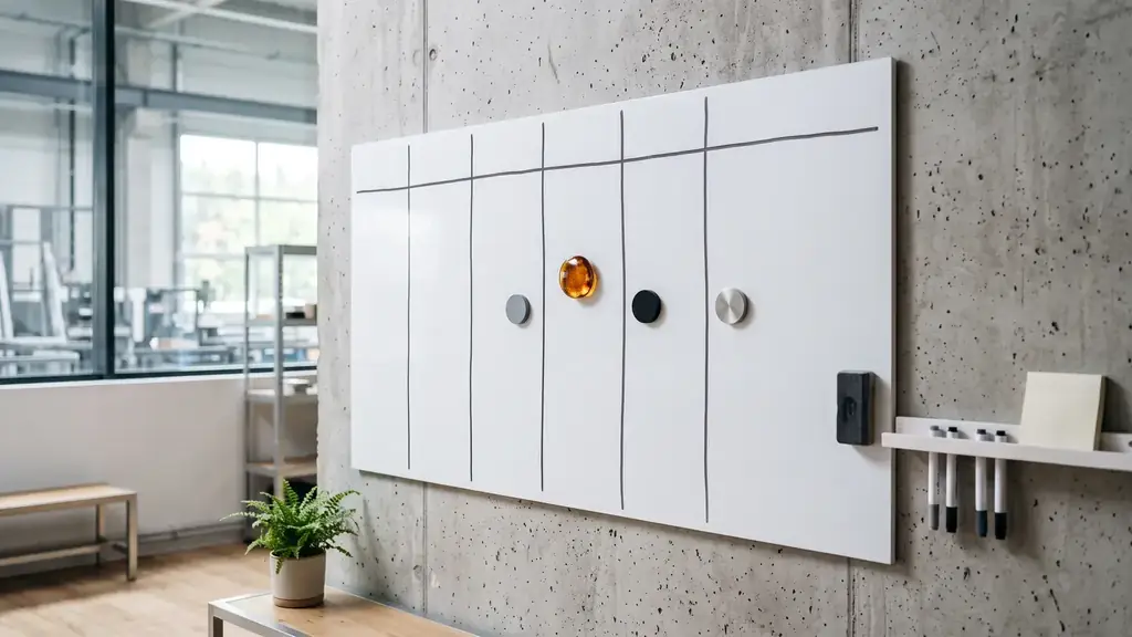 Magnetic dry erase board divided into columns, mounted on a concrete office wall, with magnets and a marker tray