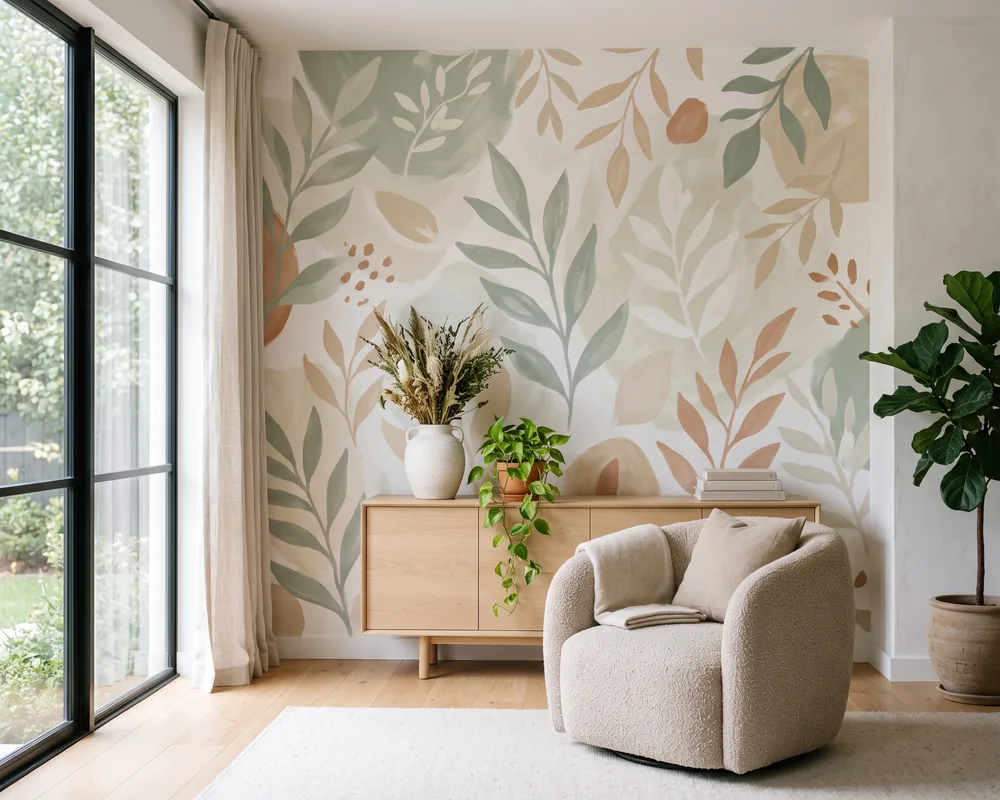 A wall mural covering a whole wall in a bright living room