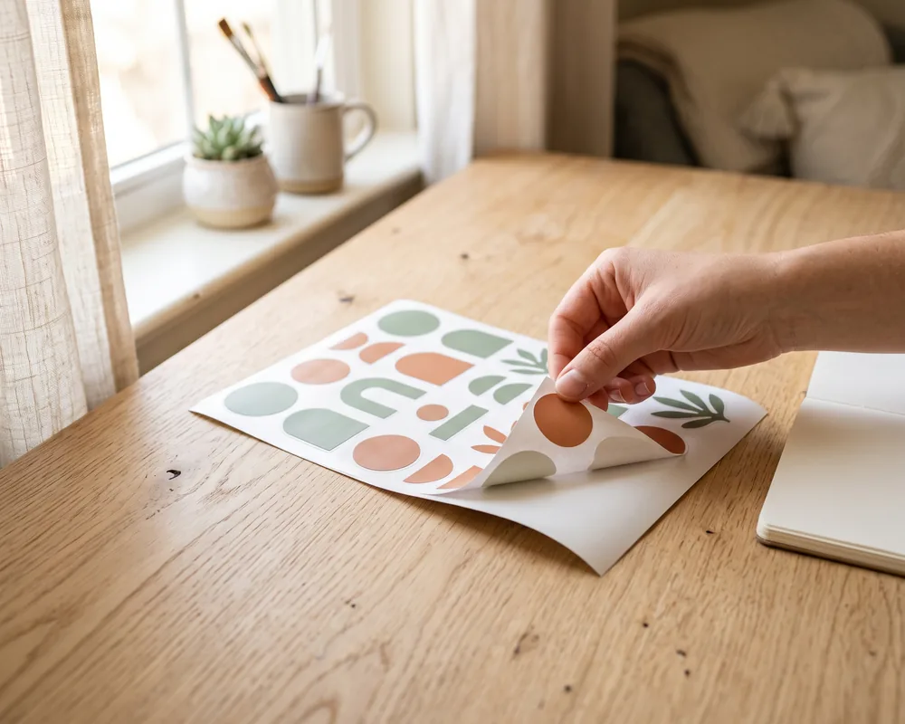 A sheet of contour cut stickers on a wooden desk