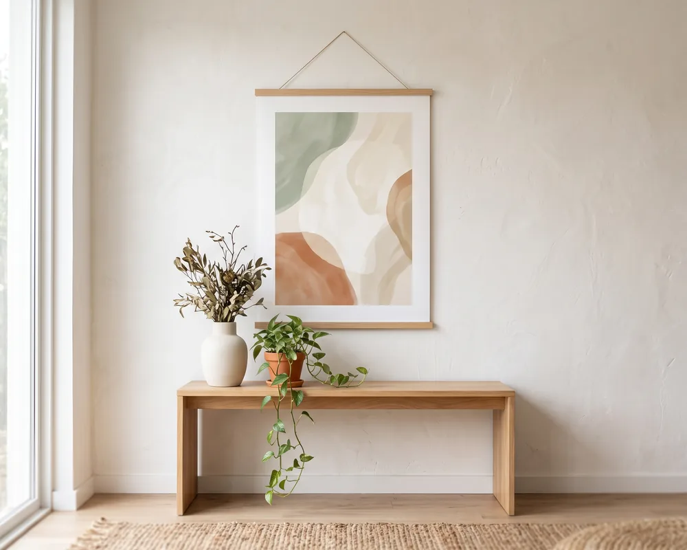 A poster on a wooden hanger on a light wall