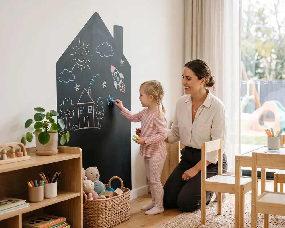 A nursery with a Wally chalkboard