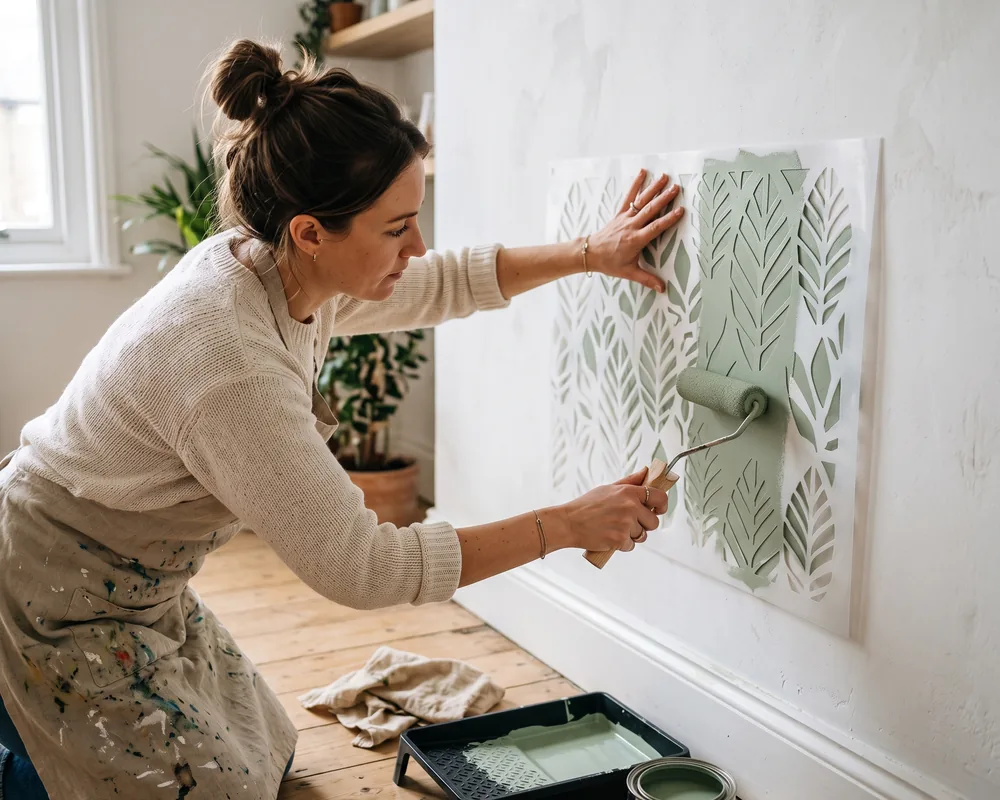 Painting a design through a painting stencil on a white wall