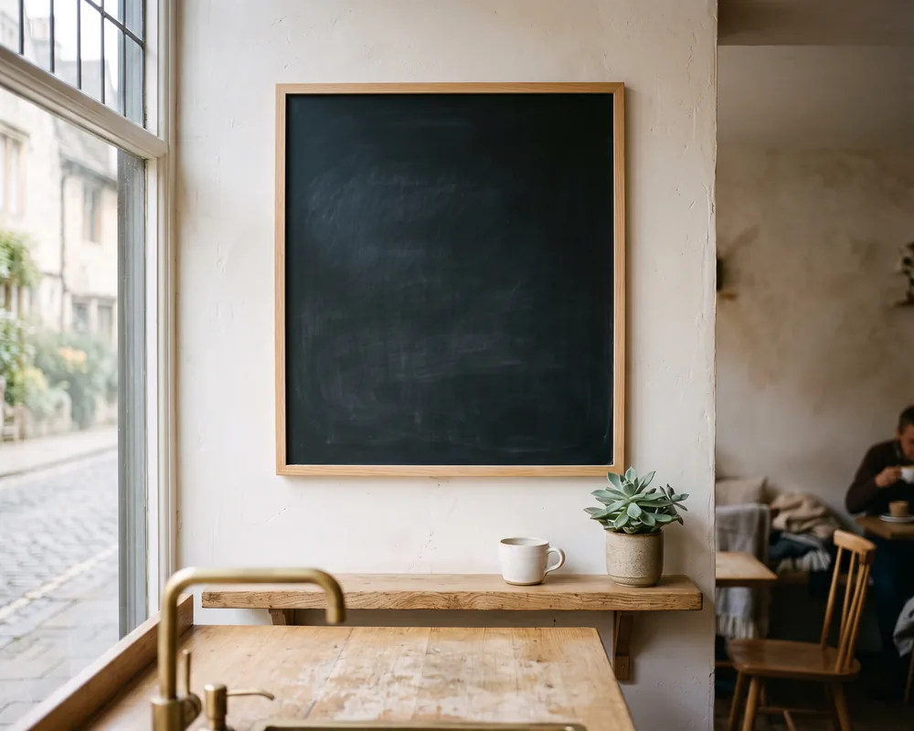 Printed chalkboard in a bright cafe interior