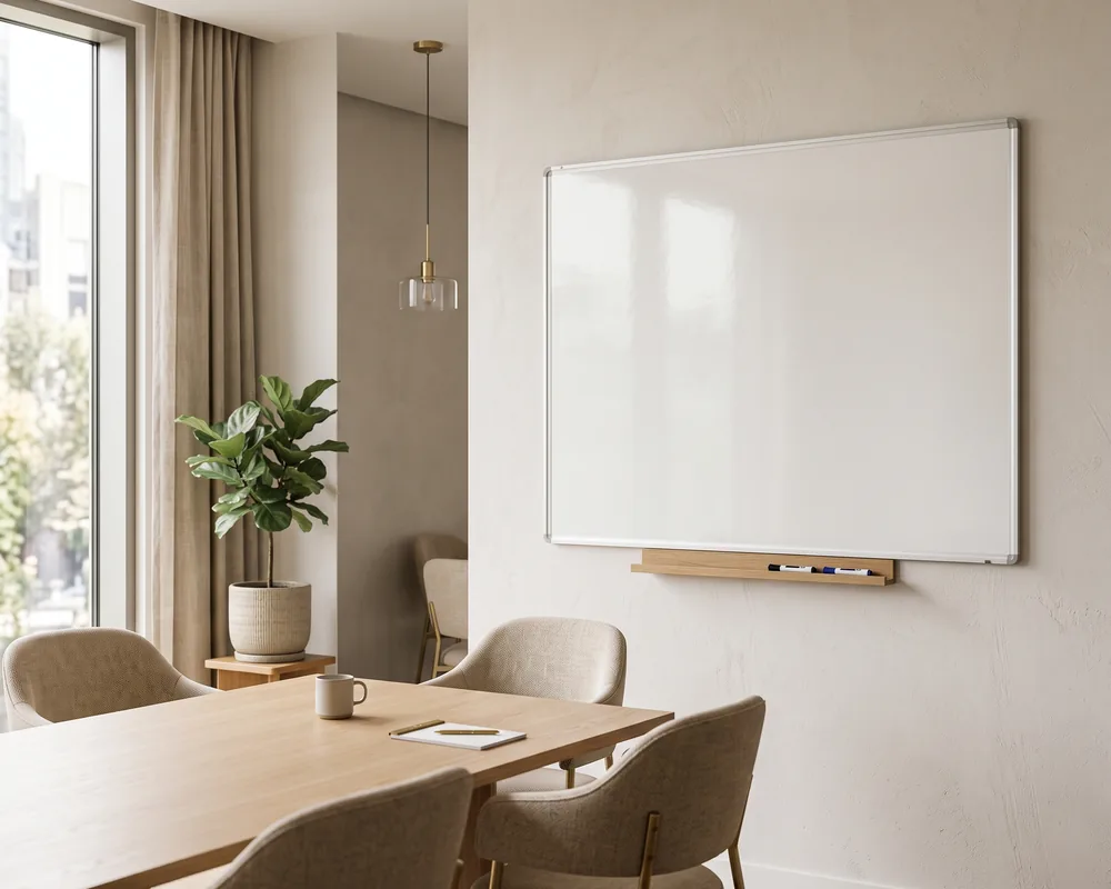 Printed dry wipe board in a bright meeting room