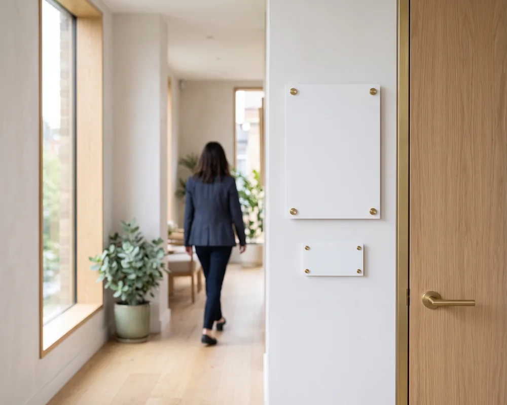 Information plates fitted beside doors in a bright office corridor