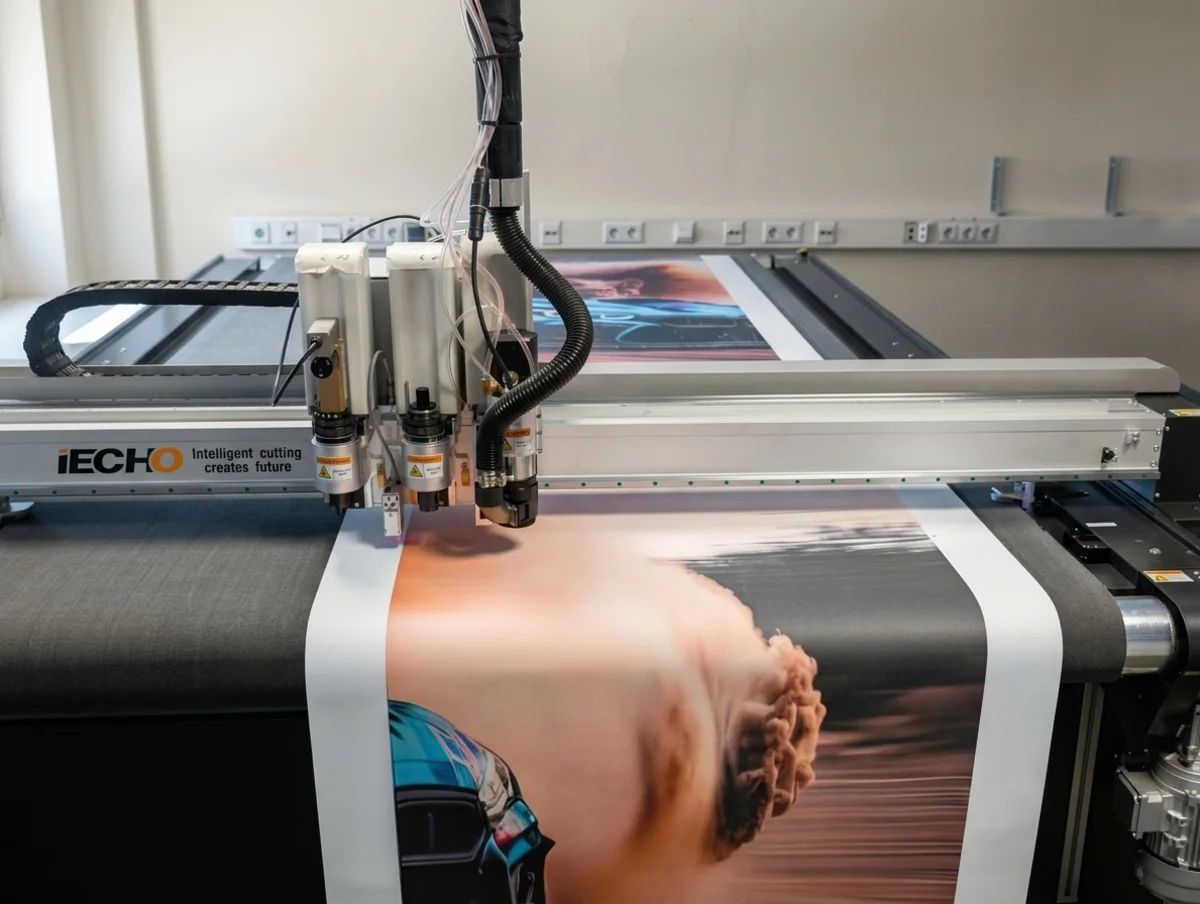 An iECHO TK4S cutter cutting a large format print, three tool heads above the sheet