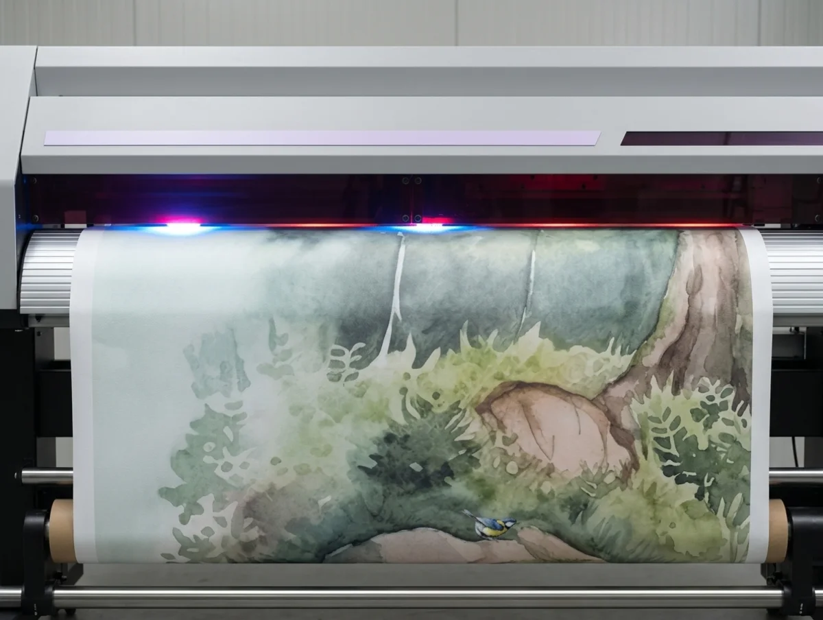 A Mimaki UV printer printing a watercolour wall mural, a finished roll coming out from under the LED lamps