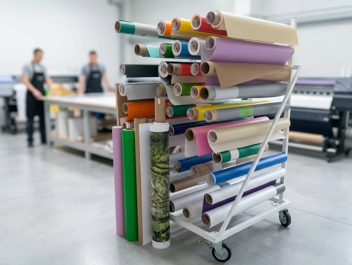 A trolley with rolls of coloured self adhesive vinyl ready for printing and cutting